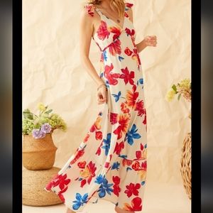 NEW Skies Are Blue Floral V Neck Tie Strap Maxi Dress Size Large